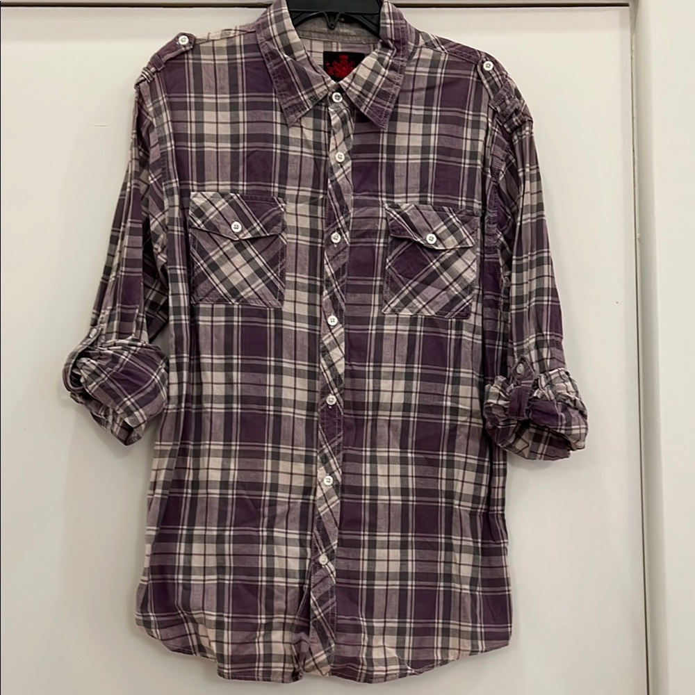 Purple Casual Button Down Shirt with Plaid Pattern